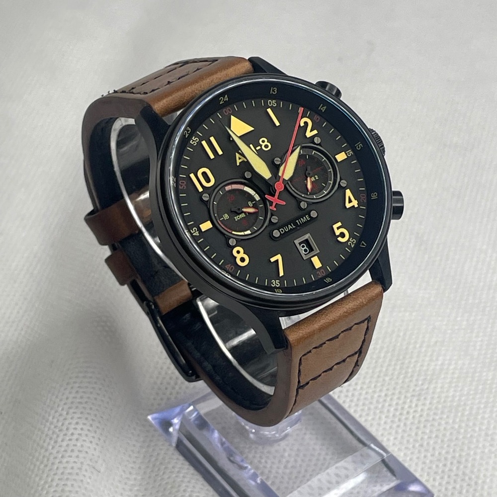 AVI-8 Hawker Hurricane Carey Dual Time Pilot Watch 43.5mm Date Leather Glow